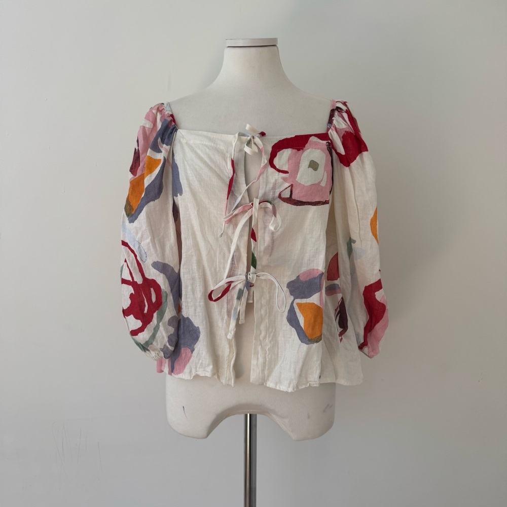 Cult Gaia Watercolor Print Tie Front Linen Top M